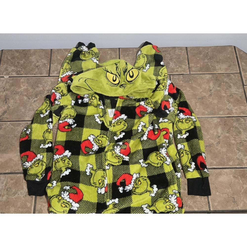 Dr Seuss The Grinch Hooded Union Suit Small 4-6 Green Black Checkered Pajamas